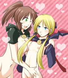 2girls blonde_hair blue_eyes blush bottomless breasts brown_hair cleavage green_eyes multiple_girls nipples psyren tenjuin_frederica tenjuin_marie tied_hair twintails