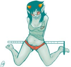 1girls black_hair cane clothes glasses grey_skin homestuck horns kaybeer looking_at_viewer ms_paint_adventures panties pointy_ears red_eyes red_panties sharp_teeth short_hair smile solo tank_top terezi_pyrope troll white_background