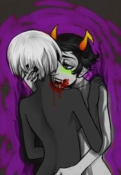 2girls ass black_hair black_lips black_nails black_skin blood breasts fangs green_eyes grey_background grey_skin grimdark homestuck horns kanaya_maryam kaybeer lesbian married_couple ms_paint_adventures multiple_girls naked pointy_ears rose_lalonde short_hair troll vampire white_hair wife_and_wife yuri