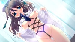 blue_eyes blush bondage breasts brown_hair censored game_cg hair hamashima_shigeo hanamadoka_shino nipples open_clothes open_shirt pochi_to_goshujin-sama pussy_juice shirt skyfish