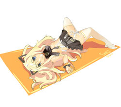 after_sex animal_ear blonde_hair blue_eyes bracelet cum cum_inside cum_on_body facial hair jewelry long long_hair lying pleated_skirt seeu skirt skirt_lift thighhighs vocaloid wavy_hair white_legwear