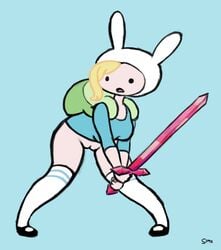 adventure_time backpack bag bottomless casual female_only fionna_the_human_girl headwear hood human legwear pussy simx sword tagme thighhighs topwear weapon