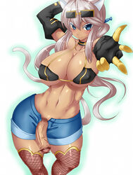 1futa animal_ears bikini bikini_top blue_eyes breasts cat_ears censored cleavage dark_skin elbow_gloves fishnet_legwear fishnet_stockings foreskin futa_only futanari gloves highres hips huge_breasts intersex kaiten_muten-maru legwear midriff no_panties penis poko_chin ponytail pubic_hair shamu_meruruusa shorts smile solo sunglasses thighhighs tied_hair veiny_penis white_hair wide_hips