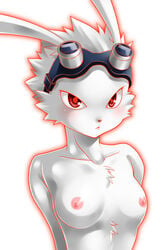 anthro blush breasts female goggles inumania king_kazuma lagomorph looking_at_viewer nipples rabbit red_eyes rule_63 simple_background solo summer_wars topless