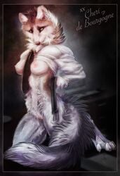 anthro belt breasts canine cheri_d_bourgogne color female furry heterochromia kneeling looking_at_viewer mearu necktie nipples pinup pussy raised_shirt solo undressing wolf