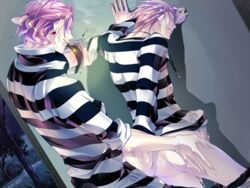 against_wall ass censored erection gian_carlo jewelry lowres luchino_gregoretti lucky_dog male mosaic_censoring necklace penis pink_hair prison prisoner striped_shirt tennenouji undressing yaoi