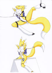 ankle_cuffs anthro arms_behind_back bondage bound breasts canine chains cuffs digidredg digimon dripping female femsub fox nipple_piercing nipple_ring nipples nude open_mouth piercing pussy pussy_juice renamon rope simple_background solo spread_legs spreading tail_bondage tail_cuff wooden_horse