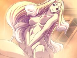 akaga_hirotaka blonde_hair breasts inkou_haden_amatsu izuna_(inkou_haden_amatsu) long_hair navel nude pointy_chin red_eyes straddle sweat