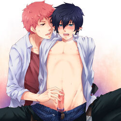 2boys ao_no_exorcist beads blue_eyes erection male male_urethral_insertion multiple_boys okumura_rin open_clothes open_shirt penis pink_hair pointy_ears shima_renzo shirt sitting tied_penis uncensored undressing urethral_fingering urethral_insertion yaoi