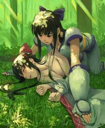 2girls all_fours blush bow breast_press breasts brown_hair censored cleavage closed_eyes dual_persona female fingerless_gloves gloves hairband hairbow lips long_hair lying multiple_girls nakoruru samurai_shodown tani topless yuri