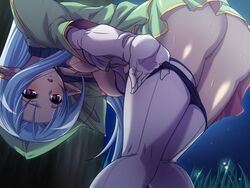 1girls akaga_hirotaka bent_over blush breasts censored elf female gloves inkou_haden_amatsu outdoors panties panty_pull pointy_ears presenting red_eyes sera_(inkou_haden_amatsu) silver_hair solo sweat thighhighs underwear