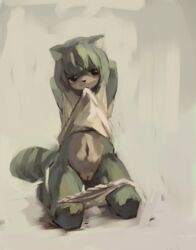 anthro blush exposed female halsione kneeling midriff panties panties_down pussy raccoon raised_shirt solo underwear