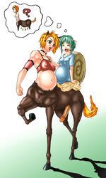 2girls animal_ear antennae blonde_hair breasts brown_eyes centaur centauress choker clothing female futanari green_hair hair_ornament halter_top hooves impossible_shirt intersex lipstick monster_girl multiple_girls nipples penis pregnant pussy shadow shell snail snail_girl tail taur thought_bubble vagina
