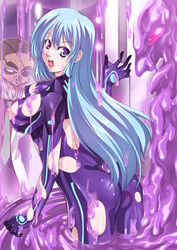 blue_eyes blue_hair bodysuit censored dissolving_clothes dissolving_clothing distress female imminent_sex latex long_hair looking_back monster partially_submerged purple_goo purple_slime slime slime_monster slimy vore