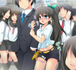 1girls arm_holding arm_hug artist_request black_hair black_legwear blue_eyes blush bow cellphone clothed_masturbation clothing discreet_vibrator earrings faceless faceless_male female ganaha_hibiki green_eyes hair_ribbon hairbow holding_arm hoop_earrings hugging_arm idolmaster jewelry kneehighs long_hair masturbation midriff navel necklace necktie open_mouth panties phone ponytail producer_(idolmaster) public public_vibrator pussy_juice remote_control_vibrator saliva school_uniform sen_(astronomy) serafuku shorts smile stealth stealth_masturbation striped striped_necktie tear tied_hair trembling underwear vibrator vibrator_under_clothes wet_panties