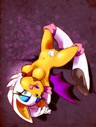 anthro bat blue_eyes boots breasts female footwear looking_at_viewer lying nipples on_back rouge_the_bat sega silverfesh simple_background solo sonic_(series) tongue tongue_out wings