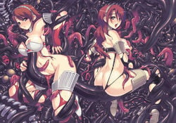 2girls anal ass brown_hair censored consensual_tentacles high-cut_armor lowres mitsuru_kirijo multiple_girls nipples persona persona_3 rape red_hair tentacle yukari_takeba