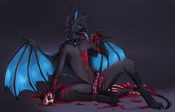 anthro black_fur blood blood_stain blue_eyes blue_skin collar color dagger_leonelli_(artist) demon feline fur furry glowing_eyes gore horn kace licking nude red_blood sexless sitting skull solo spiked_collar tongue tongue_out wings