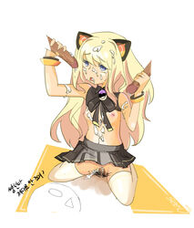 animal_ear animal_ears blonde_hair blue_eyes bottomless bracelet breasts cum cum_inside cum_on_body cum_on_upper_body facial female gangbang group_sex handjob highres jewelry korean_text long_hair nipples penis seeu sex simple_background small_breasts straight tear text thighhighs translation_request vocaloid white_legwear