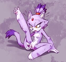 amber_eyes anthro blaze_the_cat breasts cat feline female female_only fur hindpaw mammal nipples nude pawpads paws pussy raised_leg sega silverfesh simple_background solo sonic_(series) spreading