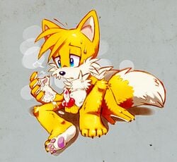 1boy anthro canine cum fox fur furry_tail knot male male_only multiple_tails penis sega silverfesh solo sonic_(series) tail tails