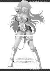 areola_slip boots breasts cleavage collar fixme glasses high_resolution knee_boots large_breasts long_hair lucky_star minidress miwa_yoshikazu miyuki_takara monochrome open_mouth race_queen racequeen saliva synthetic_garden thigh_strap vibrator vibrator_under_panties