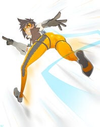 ass brown_hair female female_only goggles looking_back overwatch r4 skin_tight solo tight_clothes tracer video_games