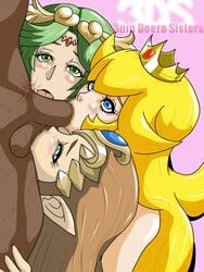 3ds 3girls ball_sucking balls black blonde_hair blue_eyes brown_hair censored collaborative_fellatio crossover crown dark-skinned_male dark_skin elf fellatio female green_eyes green_hair highres human interracial jewelry kid_icarus long_hair male mario_(series) nintendo nintendo_3ds oral palutena penis pointy_ears princess_peach princess_zelda straight sucking super_smash_bros. teamwork testicles the_legend_of_zelda tiara toyakun twilight_princess zelda_(twilight_princess)