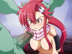 1boy 1girls blush bondage caryo censored green_skin monster nipples penis rape red_hair tengen_toppa_gurren_lagann yellow_eyes yoko_littner