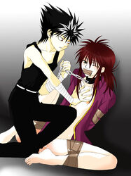 2boys black_hair bondage bottomless collar cum forced_yaoi frogtie gag gay green_eyes hiei kurama_(yu_yu_hakusho) leash long_hair male male_rape_victim multiple_boys open_clothes open_shirt rape red_hair restrained shirt slave spread_legs tank_top tape tape_gag yaoi yu_yu_hakusho