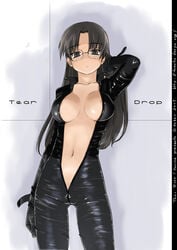 areolae bodysuit center_opening clothing crotch_zipper female full-length_zipper glasses hair_down hoshina_tomoko jumpsuit large_breasts leaf_(studio) megane midriff open_clothes oppai solo to_heart to_heart_(series) tsuina unzipped zipper