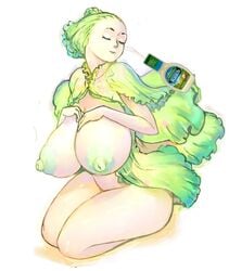 closed_eyes cum curvy ejaculation facial green_hair green_nipples huge_breasts kneeling lettuce lips milf nipples open_clothes open_shirt personification plant_girl shirt smile ukatsu_juuzou wide_hips