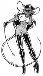 anthro dark_hair female fur furry gloves hair hat long_hair monochrome mouse polecat_(artist) pussy riding_crop rodent thigh_boots