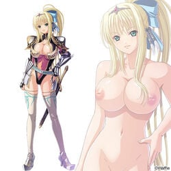 armor blonde_hair breasts cleavage human_only inverted_nipples isis_petrovna_ellenskaia kyonyuu_fantasy kyonyuu_fantasy_gaiden large_breasts lowres mound_of_venus navel nipples nude official_art pointy_chin see-through sword thighhighs tiara torn_thighhighs waffle weapon