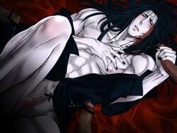 black_hair blush bottomless censored cum cum_on_face disembodied_penis facial four_on_one group_sex handjob long_hair multiple_penises nipples open_clothes open_shirt pale_skin penis scar shirt shirtless stajun toriko_(series) yaoi