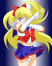 1girls 2009 bishoujo_senshi_sailor_moon blonde_hair blue_eyes bow cameltoe clothing female female_only gloves hairbow human imaden long_hair minako_aino panties sailor_v sailor_venus skirt solo striped striped_panties underwear