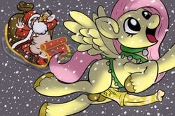 2012 bag beard belly christmas collar cutie_mark dickgirl drinking duo equine facial_hair feral fluttershy_(mlp) flying friendship_is_magic hair hat holidays horse human intersex male my_little_pony open_mouth pegasus pink_hair pony ragingsemi santa_claus santa_hat sled white_hair wings yellow_fur