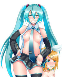 areolae bare_shoulders black_legwear blonde_hair blue_hair bondage breasts collarbone elbow_gloves gag gagged gloves grin hair_ornament hairclip hand_on_hip hatsune_miku highres kagamine_rin long_hair miniskirt mizuse_kouichi multiple_girls necktie nipples no_panties open_clothes open_shirt saliva shirt short_hair skirt smile teeth thighhighs tied_hair twintails vocaloid