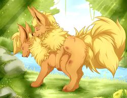 1boy 1girls 2011 black_nose blackfury chest_tuft closed_eyes color day doggy_style eeveelution female feral feral_on_feral feral_penetrating flareon from_behind fur furry hi_res long_ear male orange outdoors paws pokemon pokemon_(species) sex straight tail tongue tree tuft wallpaper water wood yellow zoophilia
