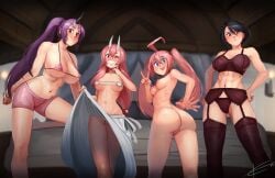 4girls abs areolae belly_button bikini bra breasts completely_nude eltonel female female_only garter_belt garter_straps indoors light-skinned_female light_skin lingerie looking_at_viewer micro_bikini milim_nava multiple_girls muscular muscular_female nipples oni oni_female oni_horns panties pussy sakaguchi_hinata shion_(tensei_shitara_slime_datta_ken) shuna_(tensei_shitara_slime_datta_ken) stockings tagme tensei_shitara_slime_datta_ken that_time_i_got_reincarnated_as_a_slime toned toned_female underwear