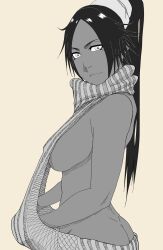 1girls ass backless_outfit big_breasts bleach breasts dark-skinned_female dark_skin female female_only huge_breasts large_breasts meme_attire no_bra no_panties pinup ponytail revealing_clothes shihouin_yoruichi solo suzuki_shun sweater tied_hair virgin_killer_sweater voluptuous