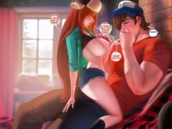 1boy 1boy1girl 1girls aged_up baseball_cap big_breasts blush breasts brown_hair dipper_pines disney english_text ginger_hair gravity_falls hand_covering_mouth light-skinned_female light-skinned_male long_hair muscular_male nipples one_eye_closed pine_tree_(symbol) red_hair sakimichan speech_bubble straight wendy_corduroy