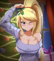 1girls arm_behind_back blonde_hair blue_eyes breasts canadiananiguy christmas christmas_tree cute_expression detailed_background female female_only hairband holly_(plant) large_breasts long_ponytail looking_at_viewer metroid mole_under_mouth nintendo off_shoulder ponytail samus_aran slight_blush solo wholesome