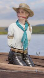 1girls 3d blonde_hair blonde_hair boat bondage bondage bound cleave_gag cowboy_hat cowgirl gag gagged kneeling lake outside red_dead_redemption_(series) red_dead_redemption_2 restrained rindekey rope rope_bondage sadie_adler slave slavegirl tied_arms tied_hair tied_up video_games