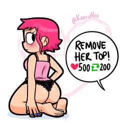 1girls ass back_view black_eyes female kaerunee kneeling panties partially_clothed pink_hair ramona_flowers scott_pilgrim short_hair solo solo_female twitter_strip_game_(meme)