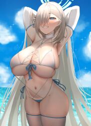 1girls armwear asuna_(blue_archive) beach big_breasts bikini blue_archive blue_bikini_bottom blue_eyes blush breasts cleaning_&_clearing_(blue_archive) female female_only hair_over_one_eye halo hips huge_breasts large_breasts legs legwear long_hair looking_at_viewer millennium_science_school_student navel ocean skimpy_bikini smile solo swimsuit teeth thick_thighs thighs tomi27_(@tomi2716) very_long_hair water white_armwear white_bikini_top white_elbow_gloves white_hair white_legwear white_thighhighs wide_hips