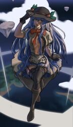 cleavage garter_straps high_heels lips midriff navel open_clothes rewinderontan tenshi_hinanawi thighhighs touhou