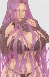 absurdres artist_name black_bra black_panties black_sweater bra breasts cleavage clothes_lift cowboy_shot curvy eyes_visible_through_hair eyewear_in_mouth fate/grand_order fate_(series) female glasses_in_mouth grey_background groin hands_up highres holding holding_removed_eyewear huge_breasts kuromoro lace lace_bra lace_panties large_breasts lifted_by_self lingerie lips long_hair long_sleeves looking_at_viewer medusa_(fate) mouth_hold navel no_pants panties parted_lips pink_lips purple_eyes purple_hair rectangular_eyewear ribbed_sweater seductive_smile sideboob sidelocks simple_background smile solo standing straight_hair string_panties sweater sweater_lift turtleneck turtleneck_sweater underwear unworn_eyewear very_long_hair wide_hips