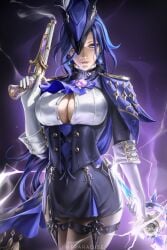 big_breasts black_clothing blue_clothing blue_hair breasts cleavage clorinde_(genshin_impact) genshin_impact gloves gun hat leggings long_hair purple_eyes solo solo_female sword we1cometoparadiseart weapon welcometoparadise white_gloves wtparadise