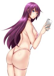 ass back blush breasts cellphone closed_mouth covered_nipples feet_out_of_frame female from_behind hand_up holding holding_phone itachou long_hair looking_at_viewer medium_breasts monogatari_(series) one-piece_swimsuit phone pink_one-piece_swimsuit purple_eyes purple_hair senjougahara_hitagi shiny_skin sideboob simple_background slingshot_swimsuit smartphone solo standing swimsuit thighs white_background